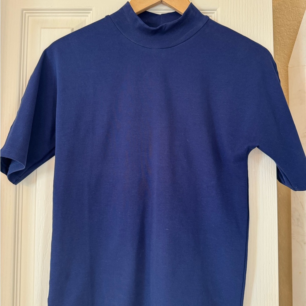 Ann Taylor Navy Mock Neck Short Sleeve Top